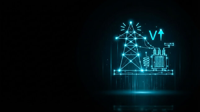 Digital illustration of power transmission tower, transformer, and voltage increase symbol on dark background. Futuristic, high-contrast lighting emphasizes energy infrastructure components.