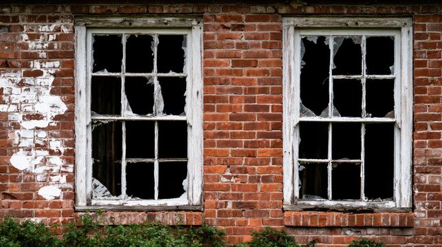 Dilapidated brick building facade with two broken sash windows