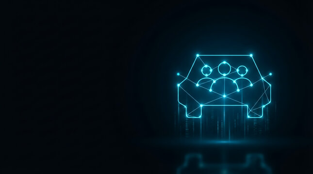 Digital illustration of futuristic car interior with glowing family silhouettes, high-contrast blue lighting, studio backdrop, tech-inspired mood emphasizing connectivity and innovation.