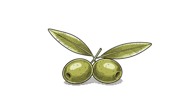 Vintage style illustration of two green olives with leaves on a stem as a detailed hand drawn botanical sketch on a white background.