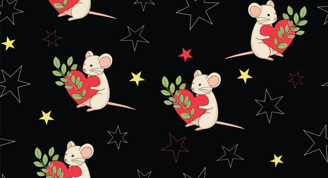 Seamless pattern of cute white mice holding red hearts and leaves among stars on a black background for a romantic animal theme.