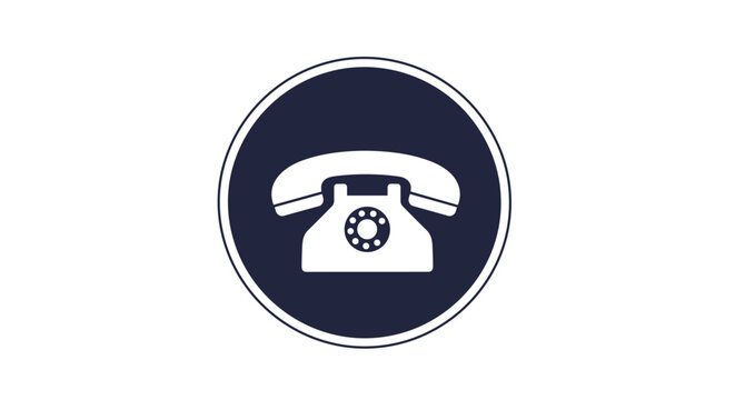 Classic white rotary telephone icon inside a dark blue circle as a simple communication symbol for web and graphic design projects.