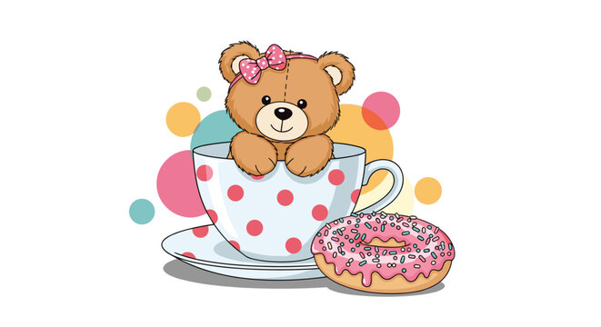 Adorable brown teddy bear in a polka dot teacup with a pink donut and colorful circles as a sweet animal character design for kids.