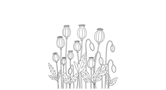 Detailed hand drawn sketch of poppy seed heads with stems and leaves as an elegant black and white botanical illustration for decor.