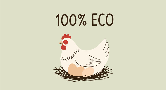 White hen sitting comfortably on a nest of eggs against a light green background with 100 percent eco text written above.