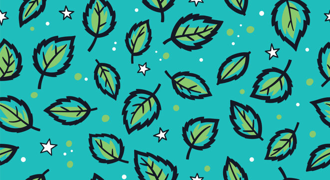 Vibrant seamless pattern featuring stylized green leaves with dark outlines and white stars scattered on a bright turquoise background.