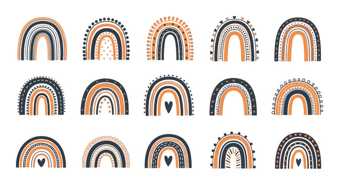 Large collection of fifteen different hand drawn boho style rainbows in earthy orange, black, and white tones for decorative design.