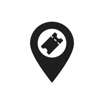 Location pin icon with ticket symbol inside, representing event or show access point, simple flat design