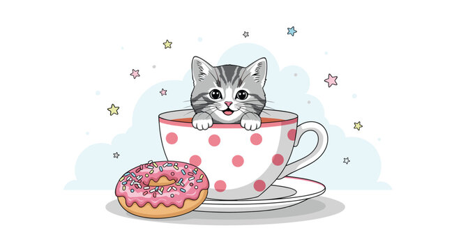 Adorable grey tabby kitten peeking out of a pink polka dot teacup next to a glazed donut with sprinkles under a starry night sky.