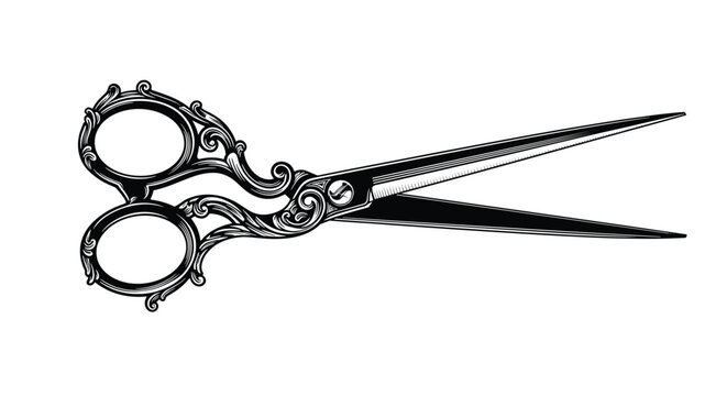 Highly detailed black and white illustration of vintage ornate scissors with decorative handles for sewing or professional tailoring work.