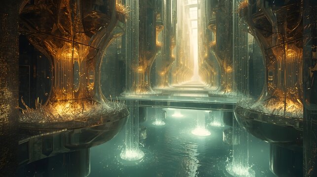 Futuristic subterranean city interior with glowing golden structures and waterfalls flowing into cyber pools