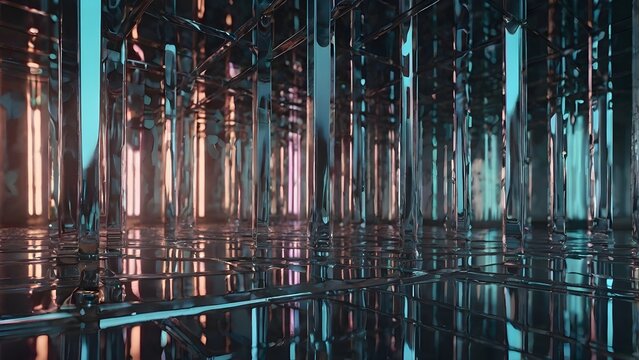 Abstract dark interior background with geometric glass pillars and neon light reflections