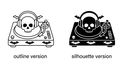 Skull DJ Setup: A striking image featuring a skull wearing headphones atop a DJ turntable, with bat motifs adorning the base, presented in both outline and silhouette versions. © Tahura