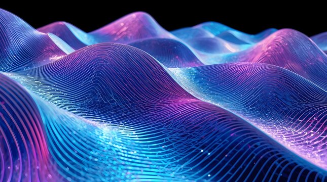 Abstract neon landscape background with flowing 3D linear waves in blue and purple