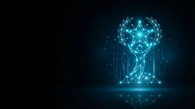 Illuminated digital trophy featuring a star and laurel wreath, glowing geometric lines, futuristic design, dark backdrop, studio lighting, tech-inspired award composition.