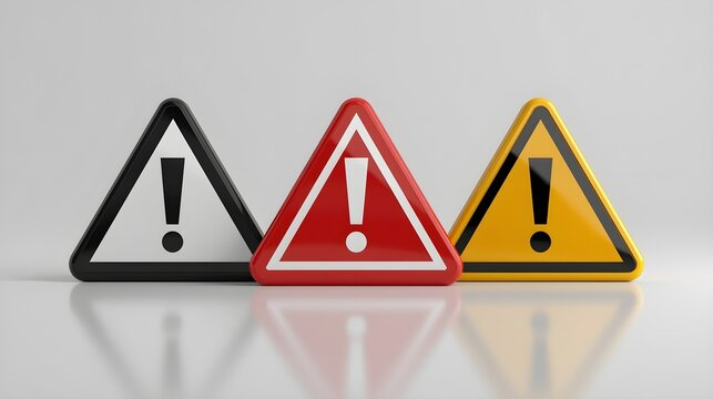 Three 3D glossy triangular warning signs with exclamation marks on reflective white surface