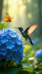 Fototapeta premium Tiny hummingbird hovers near blue hydrangea flowers. Orange butterfly flies nearby in soft sunny forest. Nature and wildlife scene in vibrant colors.