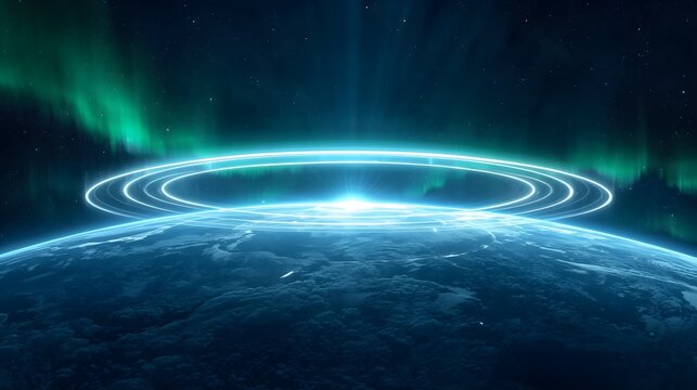 Futuristic view of planet earth from space with glowing digital rings and green aurora borealis