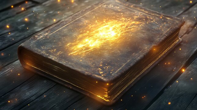 Ancient leather-bound book glows with magical energy, revealing secrets of forgotten lore and mystical knowledge within its pages