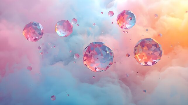 Abstract pastel clouds background with floating geometric crystal spheres and iridescent bubbles