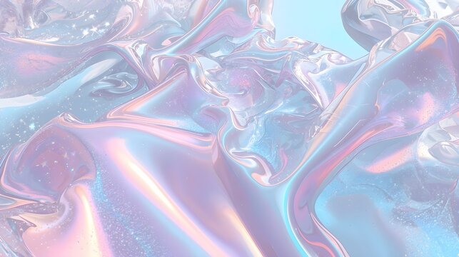 Futuristic translucent liquid ribbons with elegant bokeh lights and metallic pearlescent sheen