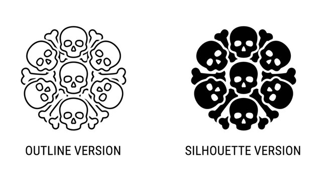 Skull and Crossbones Circular Design: A striking circular arrangement featuring skulls and crossbones, presented in both an outline and silhouette version, symbolizing danger and mortality.