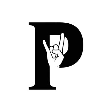 Black and white graphic of a large letter 'P' with a hand making rock on gesture inside