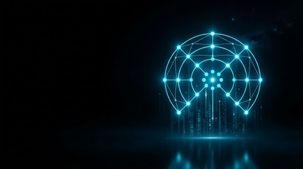 Obraz premium Illuminated digital network globe showcasing interconnected nodes over futuristic city skyline; studio lighting, abstract composition, tech-inspired mood.