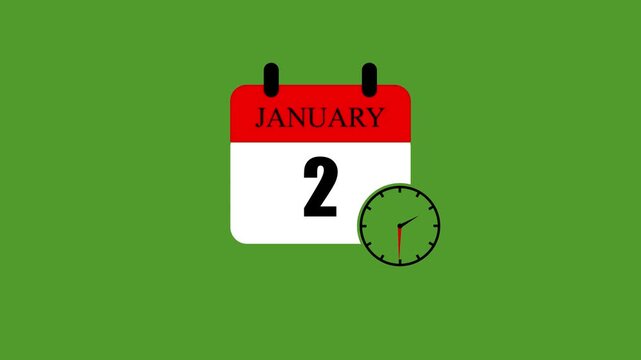 January 2 calendar icon template design vector illustration with spinning clock for planning schedule agenda timeline management, simple month appointment date remainder deadline tracking emblem.