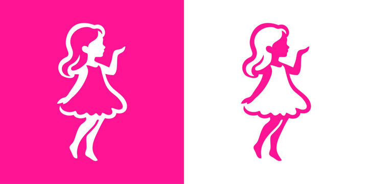 Logotipo de boutique de moda infantil. Dibujo sencillo con l&iacute;neas de una ni&ntilde;a con vestido de perfil, de puntillas y el brazo levantado hacia la boca, como si mandase un beso, en color rosa y blanco