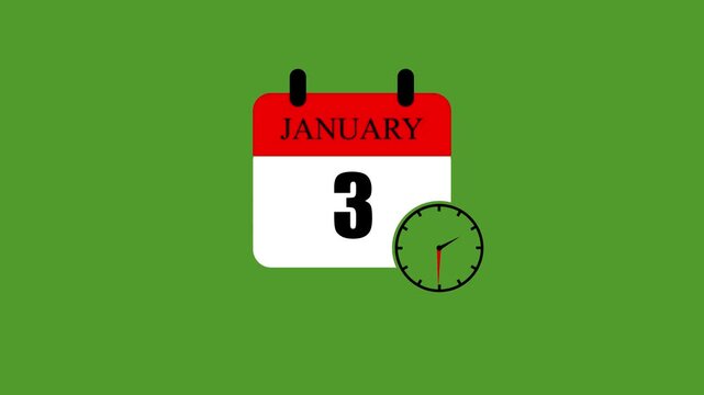 January 3 calendar icon template design vector illustration with spinning clock for planning schedule agenda timeline management, winter month appointment date remainder deadline tracking status.