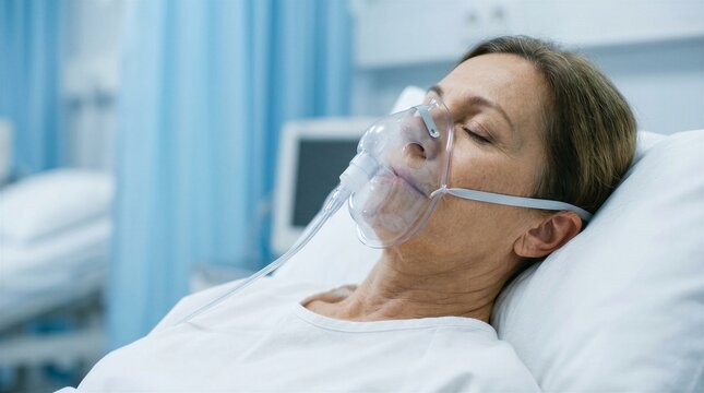 Woman wearing oxygen mask lying in hospital bed. Patient receiving respiratory therapy in medical clinic. Clinical care, breathing assistance, health struggle and recovery process concept.