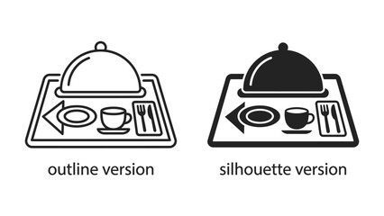 Fototapeta premium Food Service Icons: Two stylized icons represent a food service tray, one as a clean outline and the other as a bold silhouette, signifying meals and dining.