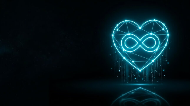 Digital heart with infinity symbol, glowing neon blue lines, dark backdrop, futuristic, minimalist design, modern aesthetic, vibrant lighting effects.