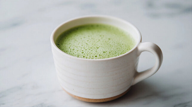 Green tea latte cup with frothy surface on marble table, cozy and warm drink