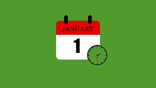 January 1 calendar icon template design vector illustration with spinning clock for planning schedule agenda timeline management, new year appointment date remainder deadline tracking object.