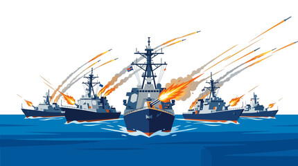 Obraz premium Modern naval fleet of destroyers in combat action launching rockets and firing artillery at sea