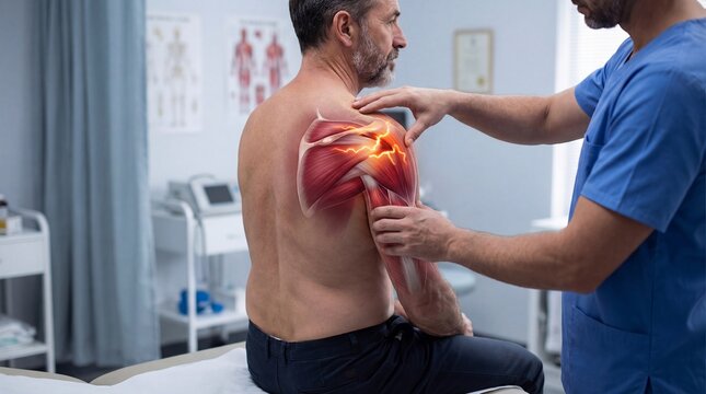 Physiotherapist examining shoulder pain of a man patient. Concept of anatomy and inflammation in rotator cuff. Medical diagnostics of injury and musculoskeletal system in clinic.