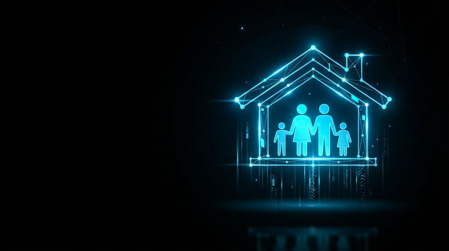 Digital illustration of a glowing house outline with family silhouettes inside, high-contrast lighting, futuristic style, evoking unity and technology.