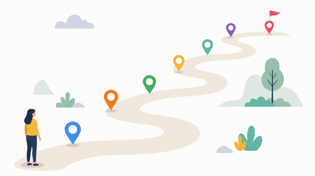Customer journey roadmap vector illustration with winding path, colorful milestone pins, faceless traveler, soft landscape elements, touchpoint mapping concept for UX strategy and marketing funnels