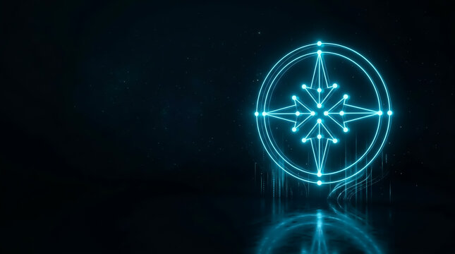 Abstract glowing compass with radial lines on dark backdrop, studio lighting, futuristic mood, minimalist design for tech or science themes.