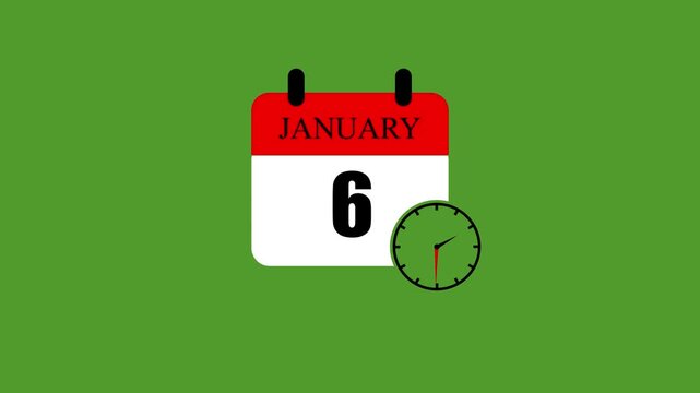 January 6 calendar icon template design vector illustration with spinning clock for planning schedule agenda timeline management, standard month appointment date remainder deadline tracking status.