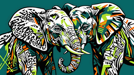 Obraz premium Two Elephant Heads Close Together in Abstract Geometric Style, Stylized Wildlife Portrait with Vibrant Green and Orange Shapes, Modern Graphic Vector Illustration on Solid Dark Teal Background