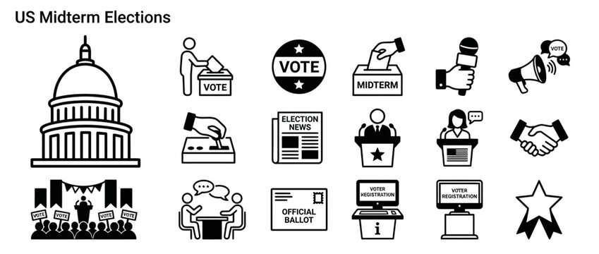 US Midterm Elections Icons Set: Capitol, Voting, Debate, Ballot, Microphone, Megaphone