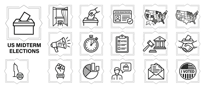 US Midterm Elections Icons Set: Voting, Ballot Box, Justice, USA Map, I Voted Sticker
