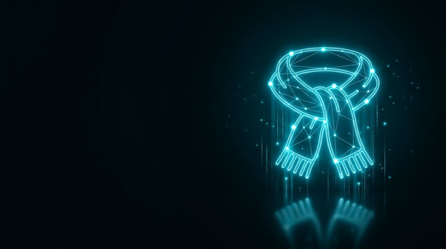 Digital illustration of glowing neon scarf with light dots, dark backdrop, minimalist design, futuristic vibe, ideal for winter or tech-themed projects.