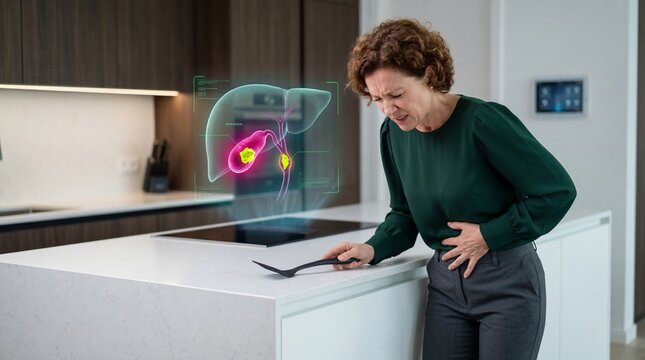 Woman with abdominal pain holding her stomach with floating holographic liver illustration showing gallbladder disease. Medical diagnostic concept for gallstone and organ inflammation.