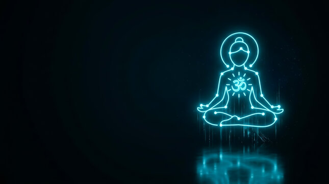Neon-lit meditative figure in cross-legged pose, glowing heart symbol, dark backdrop, studio lighting, evoking calm focus and serenity.