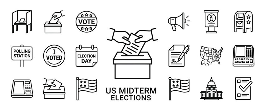 US Midterm Elections Icons Set: Voting Booth, Ballot Box, Ballot, USA Map, Capitol Building