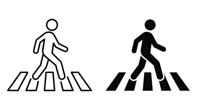 Pedestrian crossing icons with walking man outline and solid zebra crossing design